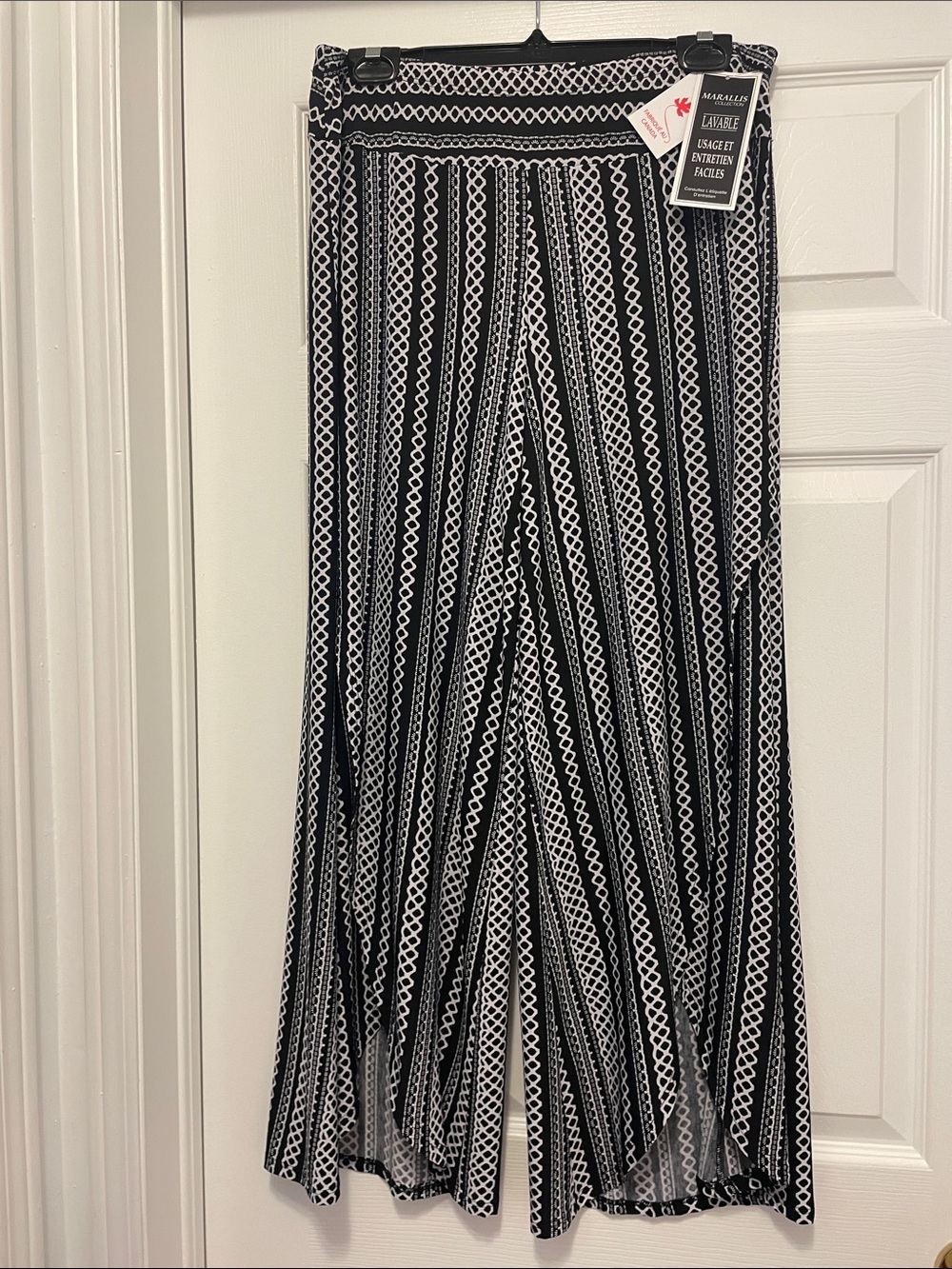 🇨🇦 Marallis Black & White Geometric Palazzo Pants With Open Leg Front Wrap